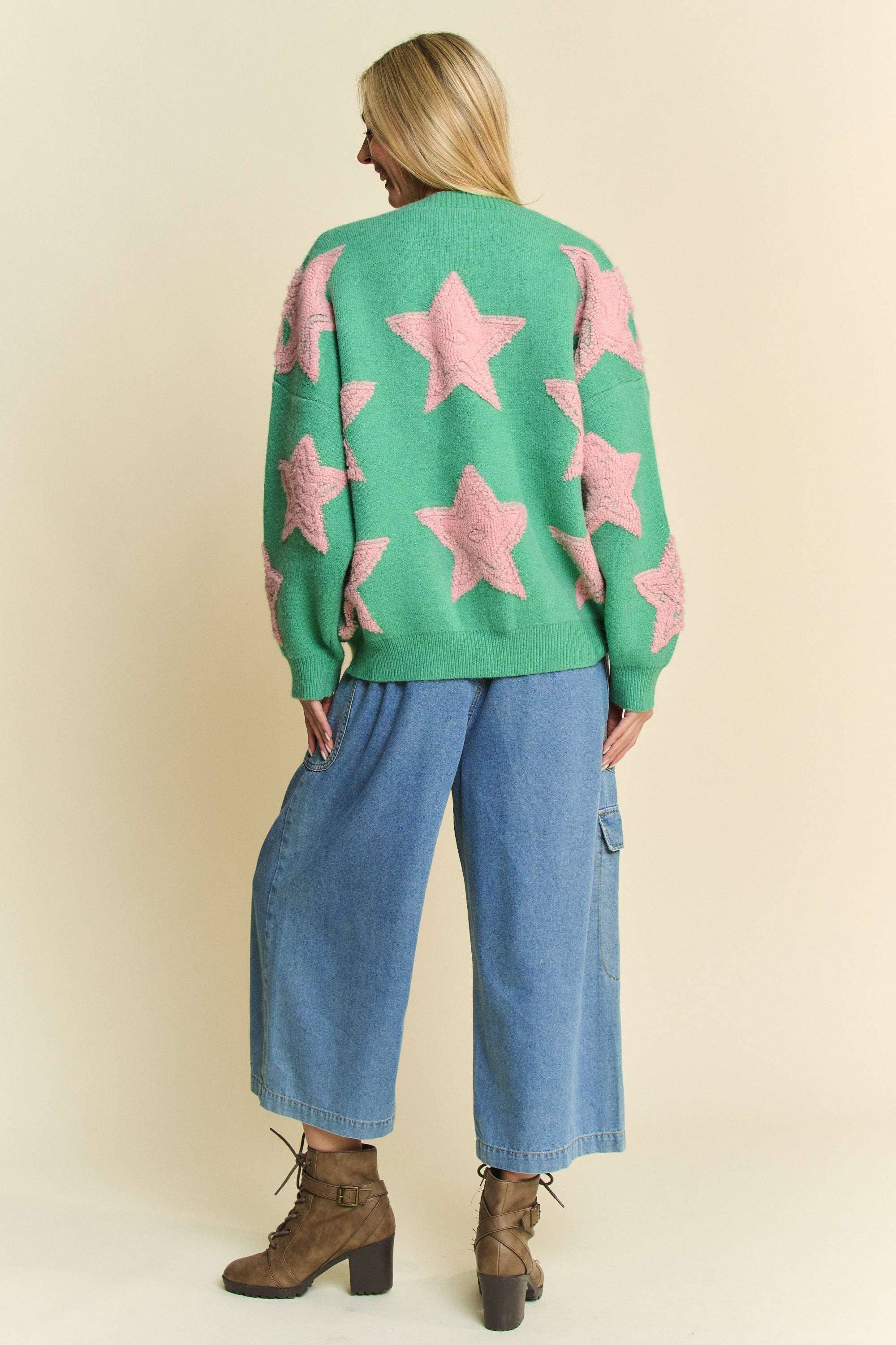 Davi & Dani - Wholesale Cardigan - Women's - PLUS FUZZY STAR LOOSE FIT BUTTON DOWN CARDIGAN5