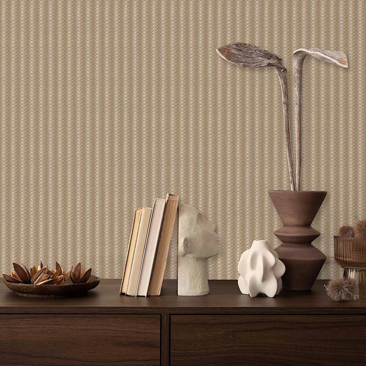 Papel de parede castanho atemporal acolchoado, revestimento de parede em relevo Chevron Basket Weave, Design de juta por atacado de Walloro Luxury Embossed Wallpaper