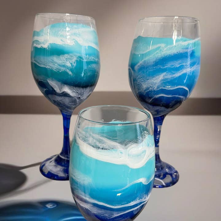 Whimsy and Willow – wholesale Wine glass – Blue Waves Wine Glasses and Drinkware-Handmade