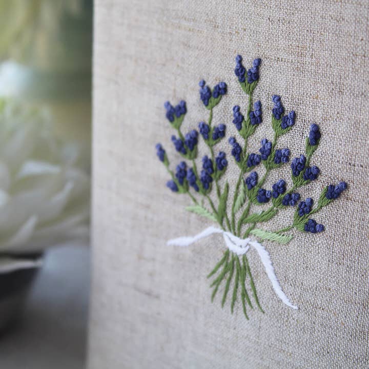 Hand Embroidered Linen Tissue Box Cover - Lavender Natural for wholesale by Gordonsbury