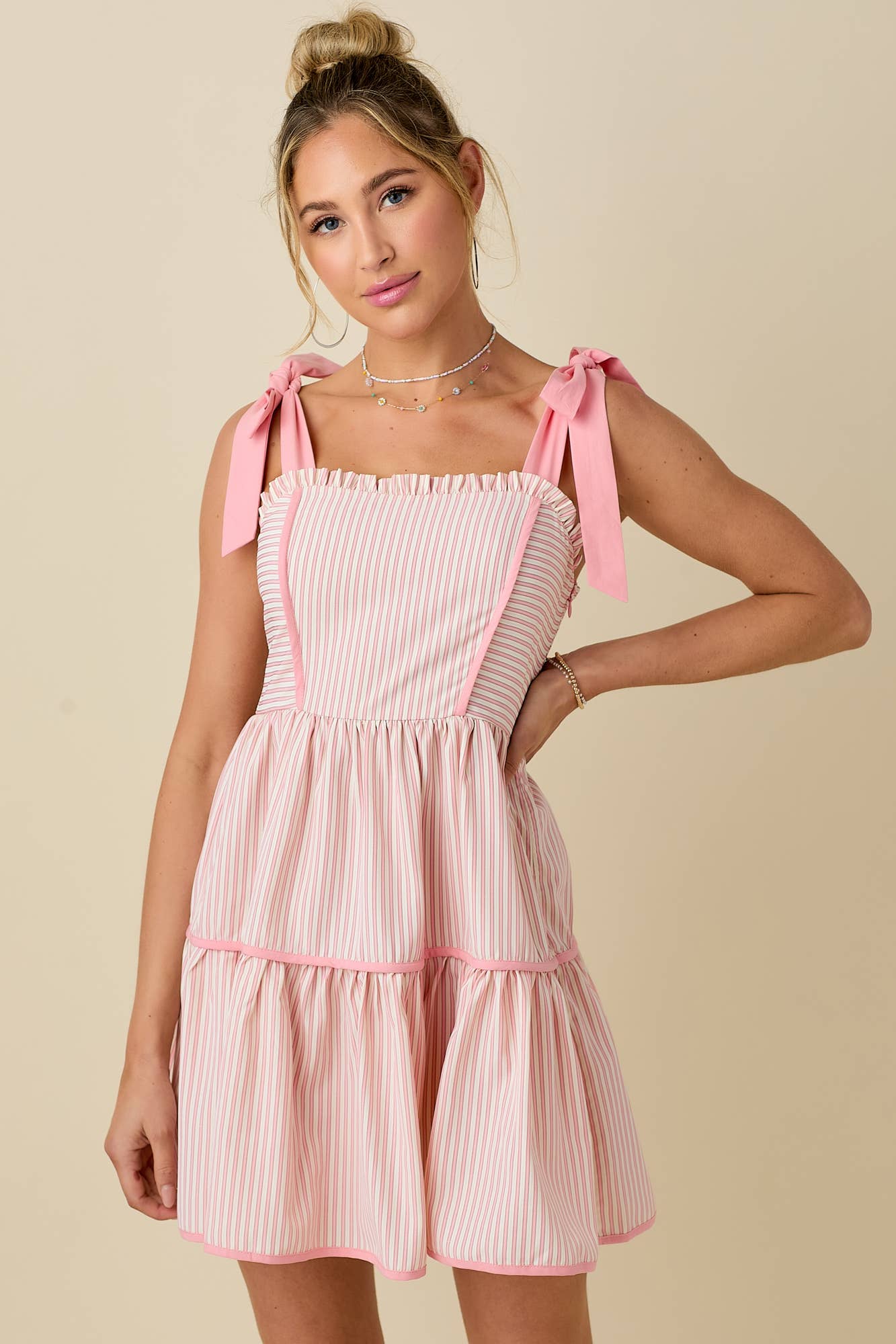 WHITE PINK Stripe mini dress with ribbon shoulder strap for wholesale on Faire13