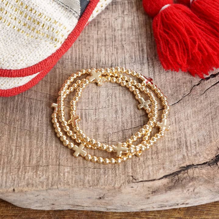 PennyLine inc - Wholesale Beaded Bracelet - Mini Sideways Cross Bracelet Set Ball Beads Gold Tone