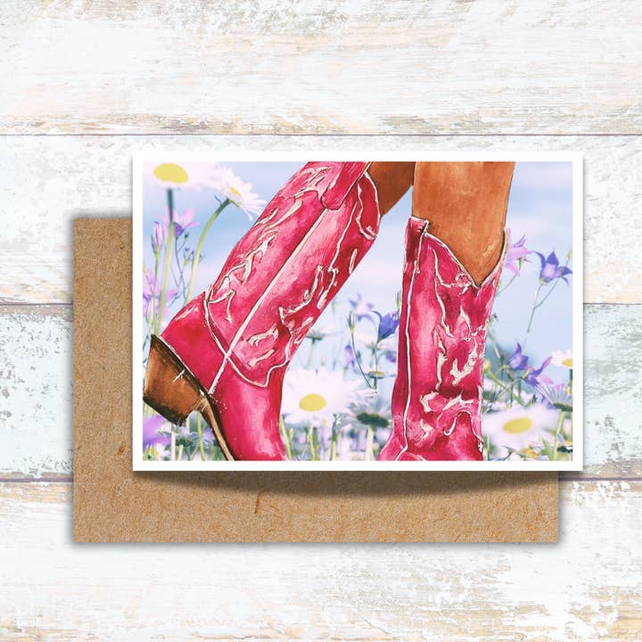 Lyserøde Cowgirl Støvler i en Margueritmark Boho Hilsen Kort for engroshandel hos Designs by Michaela