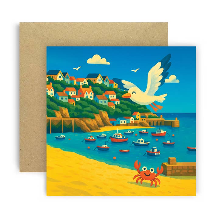 Newquay Harbour Seagull Crab Cornwall Coastal Card Scene for wholesale by Huxters