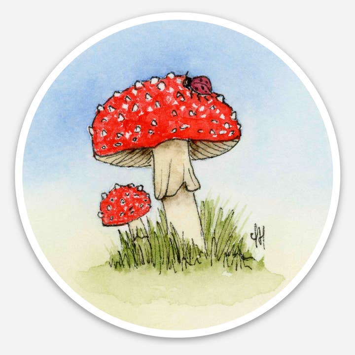 Mushrooms & Ladybug - Round Sticker for wholesale by Isabelle Hughes Art