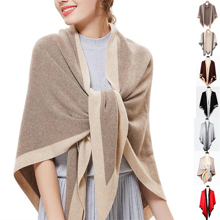 Fennco Styles - Wholesale Wrap - Women's - Contrast Border Knit Cashmere Blend Triangular Shawl Wrap