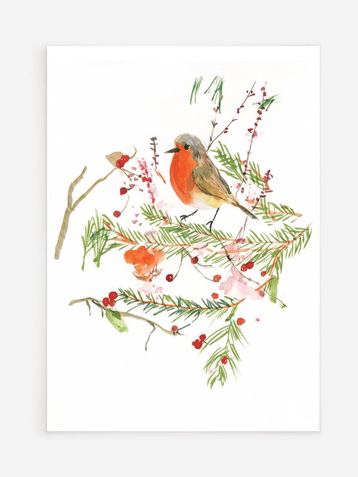 Robin and berries postcard for wholesale by Ping He Art