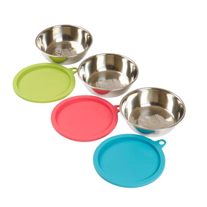 Pet Palette Distribution - Wholesale Pet Bowl - Cat/Dog - Messy Mutts Bowl & Lids (3 Colors) Medium 6pc Box Set
