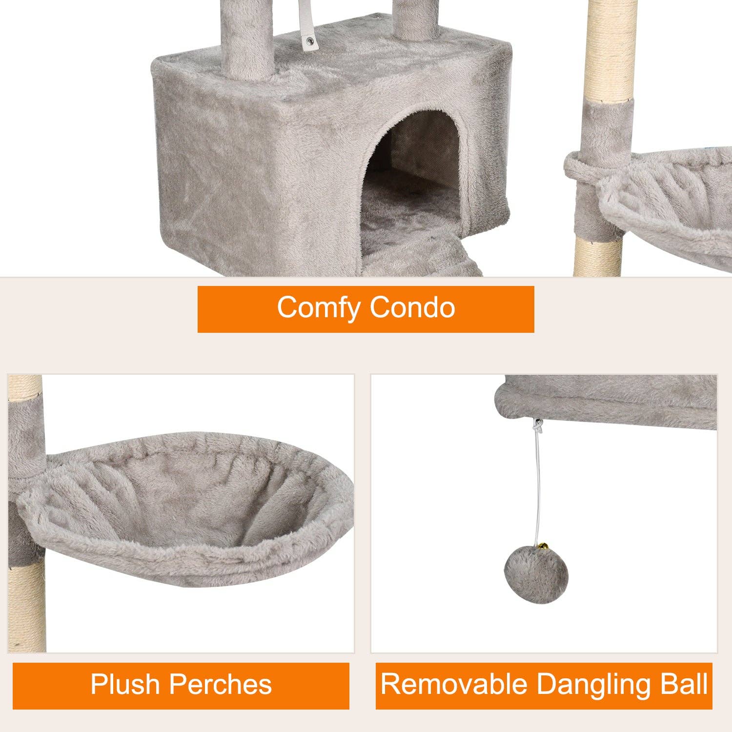 Jespet - Wholesale Pet Scratcher - Cat - GOOPAWS Multi-Level 57-in Faux Fur Cat Tree & Condo with Hammock, Grey3