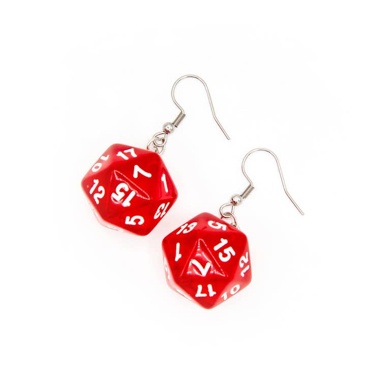 D20 Dice Earrings | Transparent Red | D&D Jewelry for wholesale by Tabletop Dominion Limited