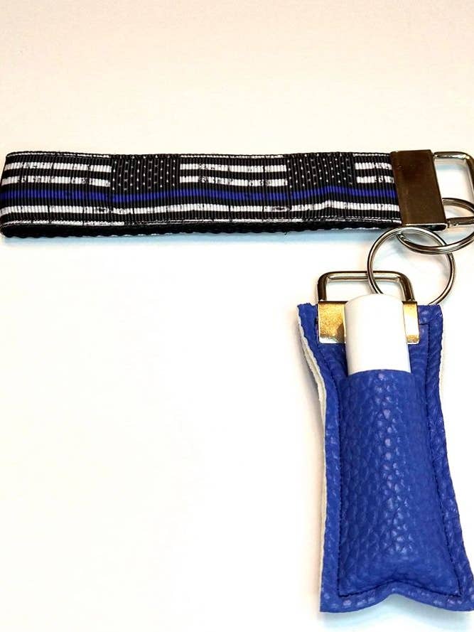 Dünne blaue Linie Schlüsselbund Wristlet und Chapstick Halter Set für den Großhandel von KSS Made - Handmade Keychain Wristlets
