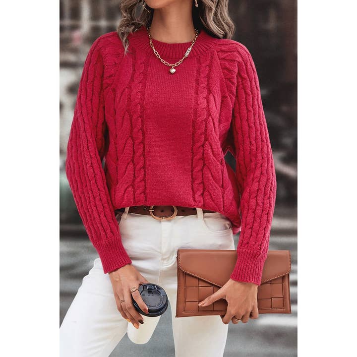 WINE Solid Round Neck Cross Knit Loose Pullover Sweater for wholesale on Faire