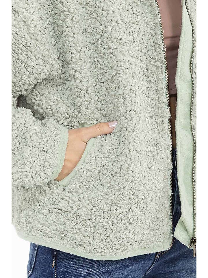 ROUSSEAU - Wholesale Jacket - Women's - SOLID SHERPA HOODED ZIP UP POCKET FRONT JACKET27