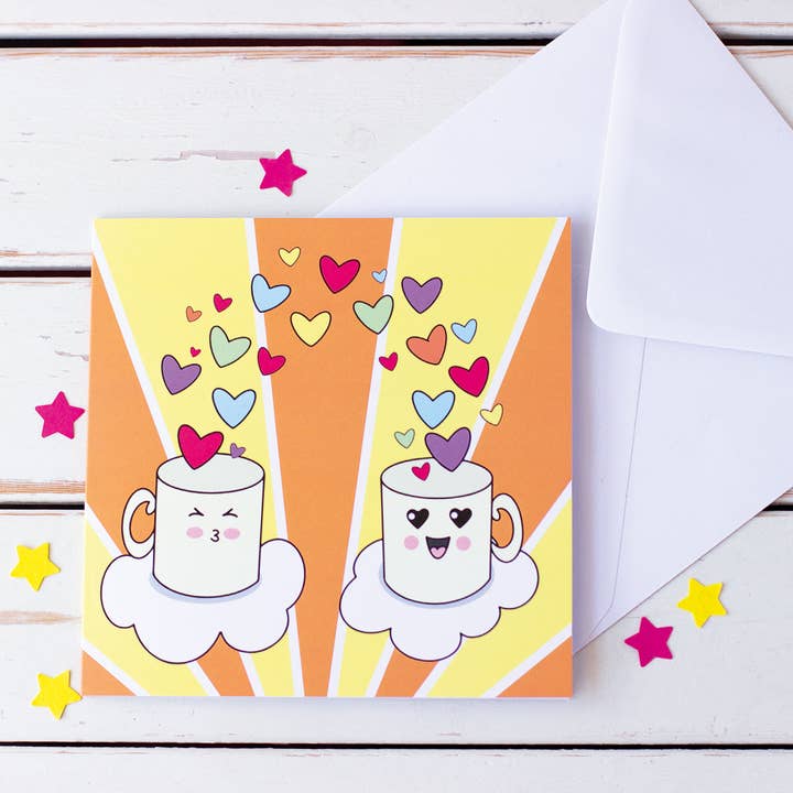 Tarjeta de aniversario de tazas románticas con corazones arcoíris para venta al por mayor de fizzi-jayne