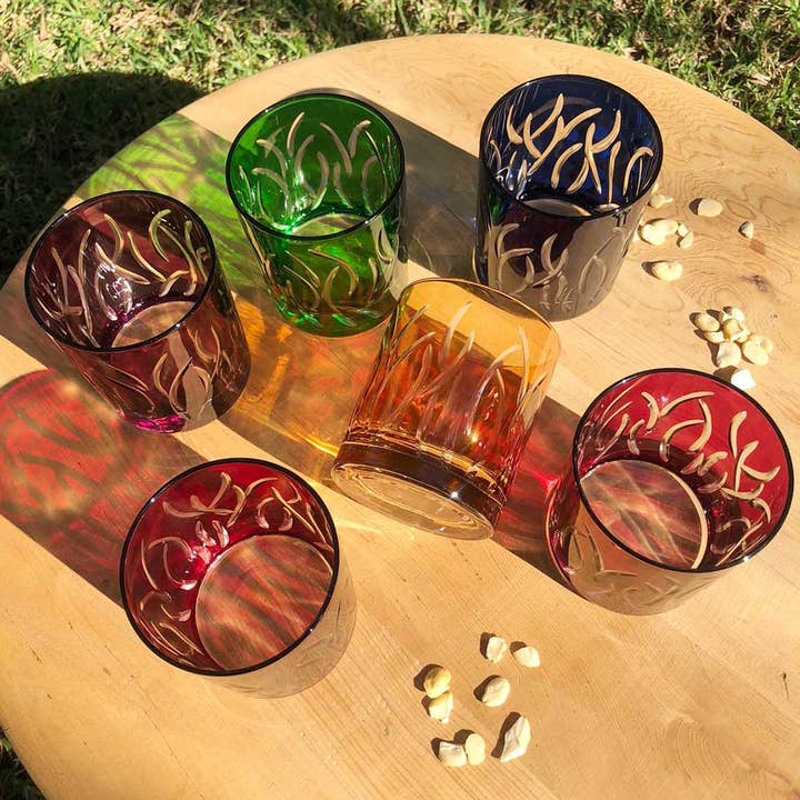 Scents and Feel - Wholesale Drinking Glass/Cup - Set of 6 Drinking Glasses carved leaves