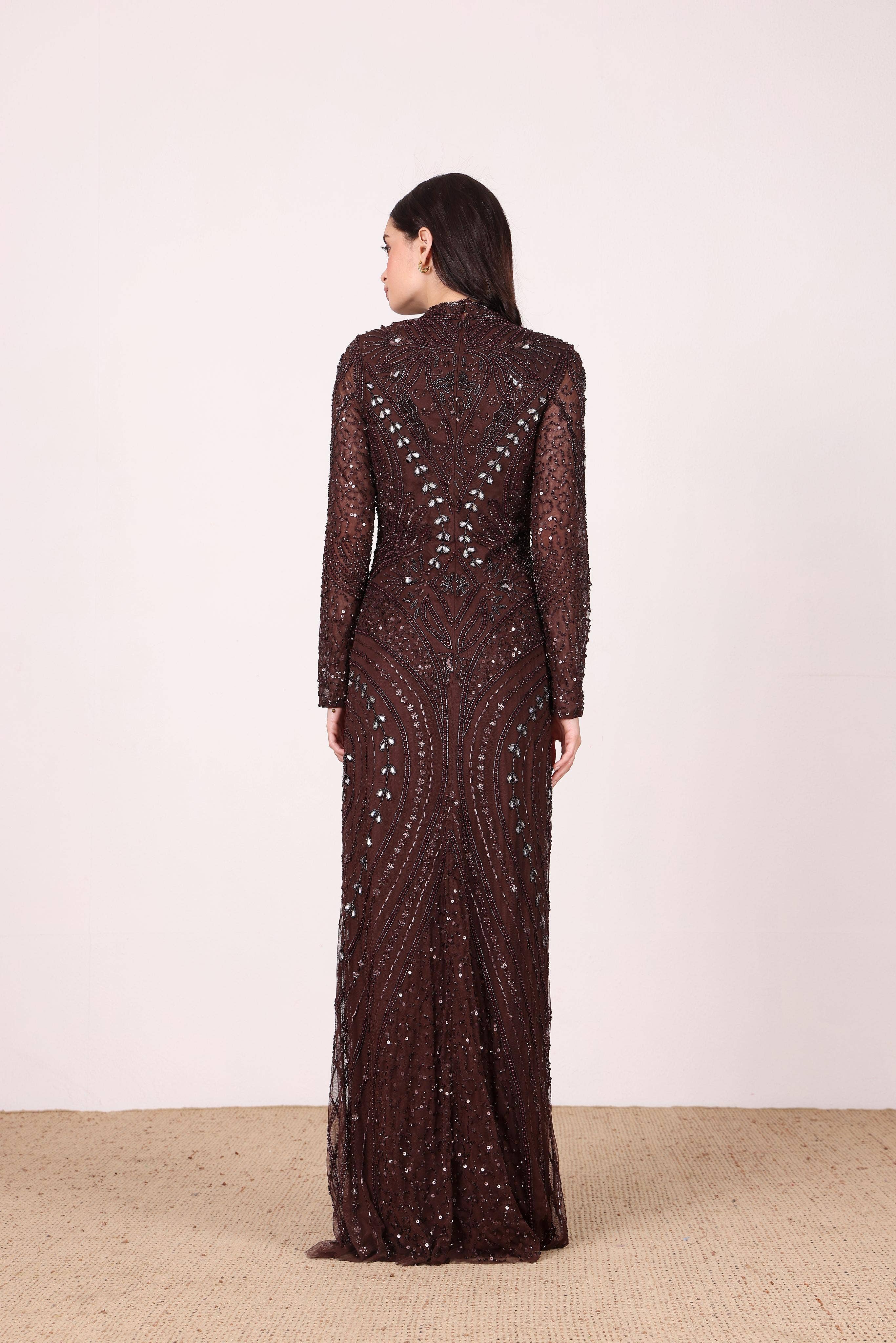 Lotus Embellished Maxi Dress in Chocolate Brown for wholesale on Faire2