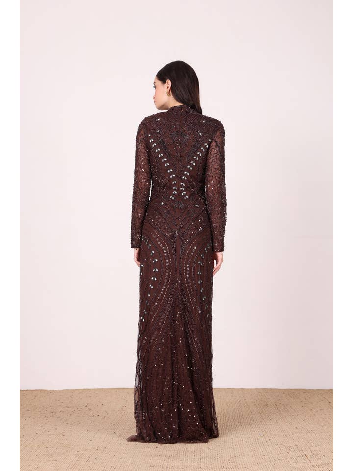 Lotus Embellished Maxi Dress in Chocolate Brown for wholesale on Faire2