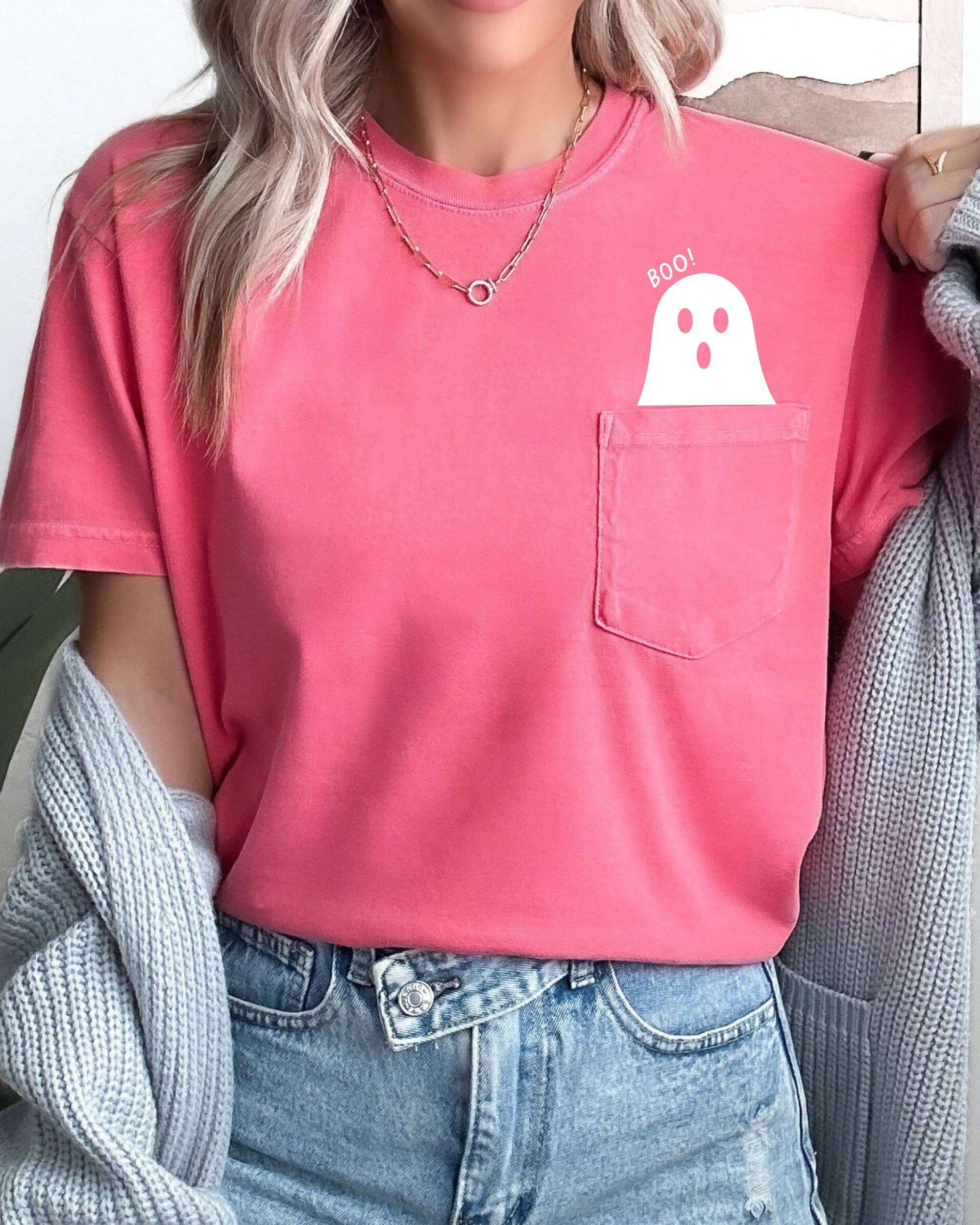 Refinery Number One LLC - Wholesale Screen Printed T-Shirt - Women's - Boo Ghost Halloween Pocket, Cute, Skeleton, Ghost Tee5