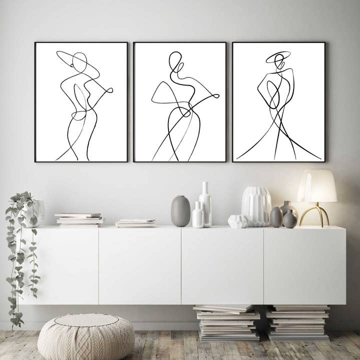 Ensemble de 3 Impressions d'Art Linéaire de Femme Abstraite pour la vente par D'LUXE PRINTS