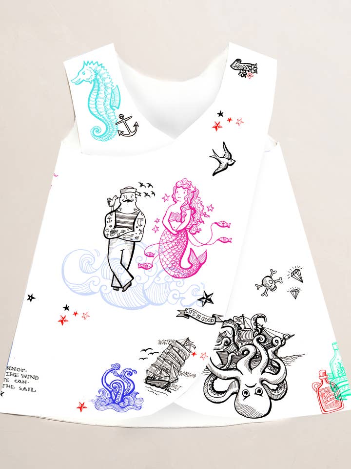 Der Seemann, der es liebte, Wickeltunika X-Kleid zu zeichnen für den Großhandel von PaperGirl Collection
