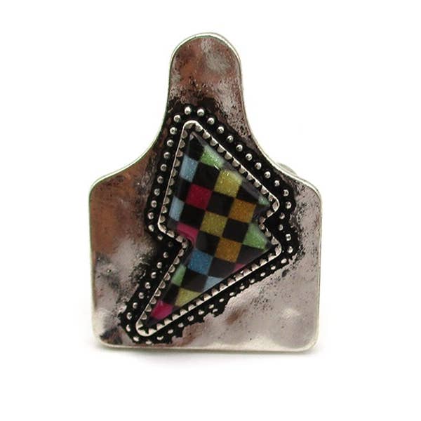 Rainbow Checkered Thunderbolt Cuff Ring for wholesale by Snowing West