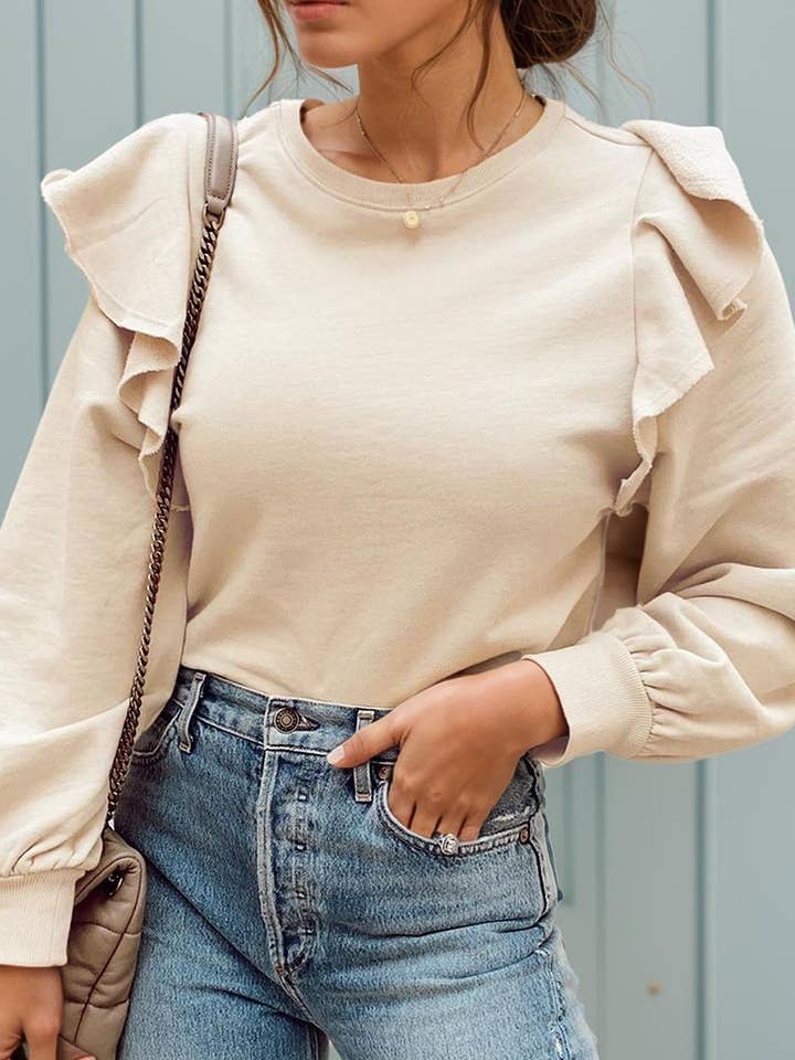 Blouse à manches longues et épaules volantées de couleur unie pour la vente par PartyEight