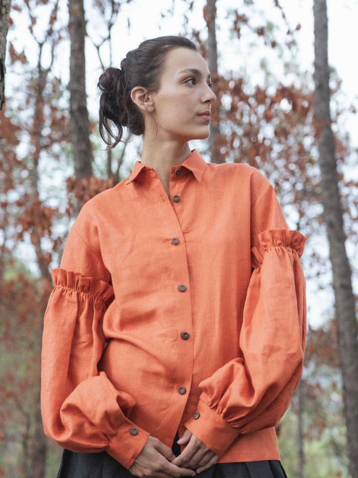 Camisa de linho manga Bishop Preto Laranja por atacado de Drishya Linen