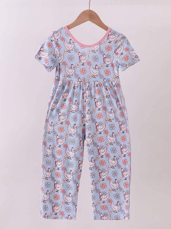 Mono pijama azul con estampado floral de gallinas para venta al por mayor de Mom & Co.