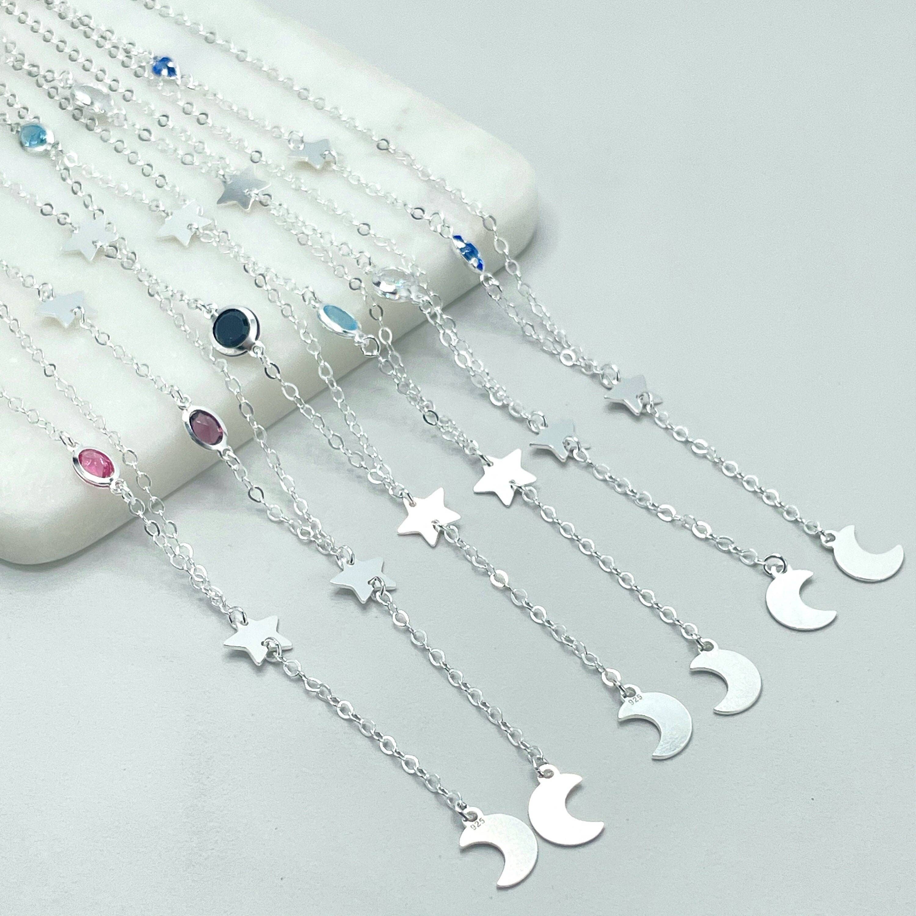 DIJU Jewelry - Venta al por mayor Collares con colgantes/abalorios - Cadena enrollada de plata de ley 925 de 1 mm con estrella, dijes de luna y coloridas cuentas acrílicas, collar con forma de lazo, sello 925, suministros de joyería al por mayor0