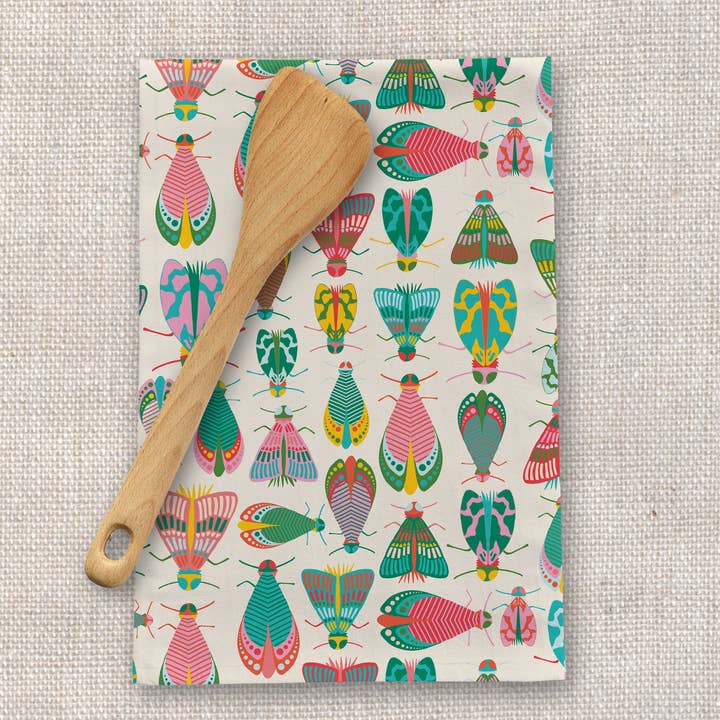 Spring Glow Tea Towel – Colorful Moth Linen Kitchen Towel for wholesale by Rebecca Jane Woolbright