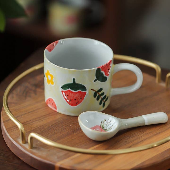 Gohobi (We cover U.S. import duties) - Wholesale Coffee Mug - Gohobi Hand-painted Ceramic Strawberry Mug and Spoon Set