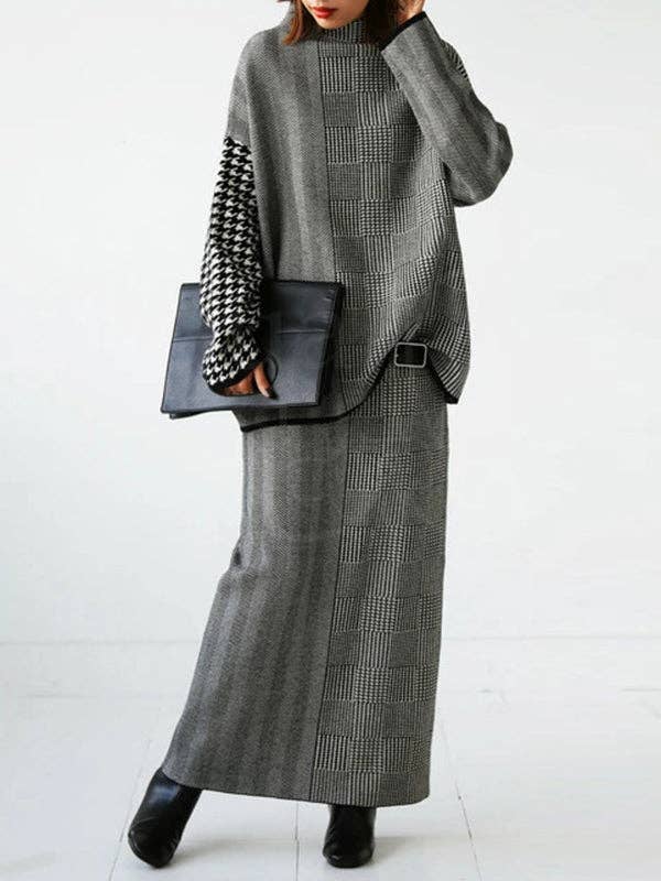 GRIJS Lange Mouwen Losse Houndstooth Ruit Hoge Hals Truien Tops voor groothandel op Faire3