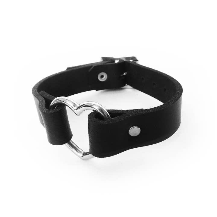 Black Leather Heart Wrist Cuff - Black Heart Ring Wristband for wholesale by 8th Sin