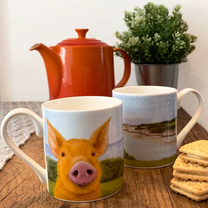 Fine China krus 'Pig Selfie' almindelig størrelse 280 ml kapacitet for engroshandel hos Lucy's Farm