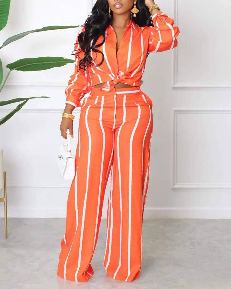 Fashion Combination - Wholesale Top & Skirt Set - Women's - striped long sleeve button down shirt pants set0