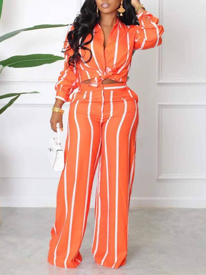 Fashion Combination - Wholesale Top & skirt set – Women's - striped long sleeve button down shirt pants set