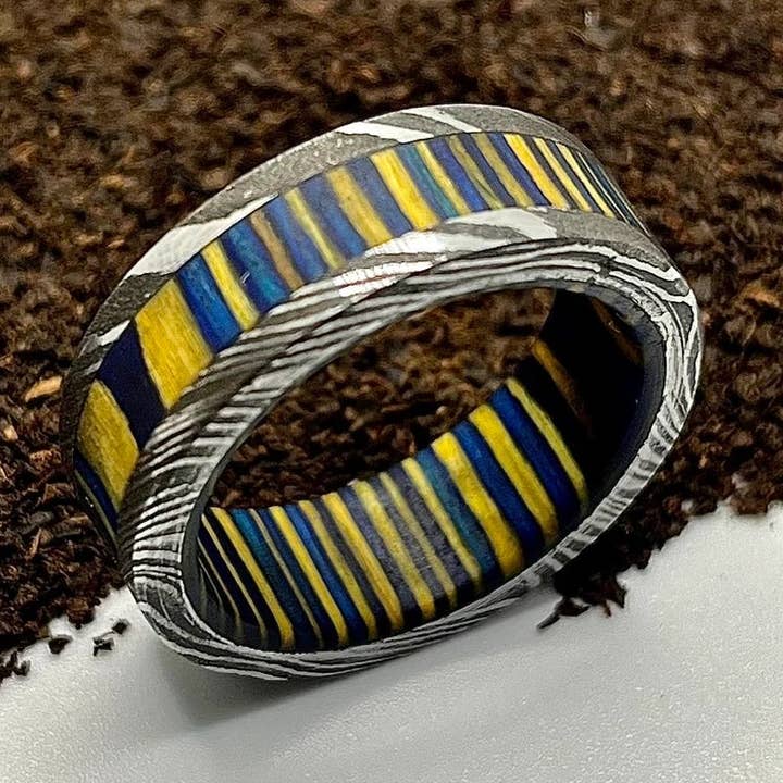 Damascus Steel Ring Lined with Multi Wood Sleeve for wholesale by RustyStudioUSA