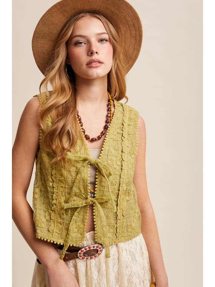 Listicle - Wholesale Outerwear Vest - Women’s - Embroidered Lace Tie-Front Vest LVT0093