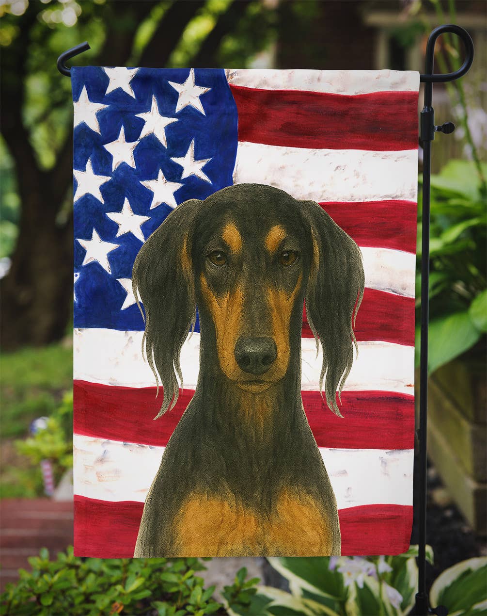 Caroline's Treasures - Venta al por mayor Bandera y manga de viento - Bandera de jardín de galgo saluki negro y tostado con bandera americana WDK64021