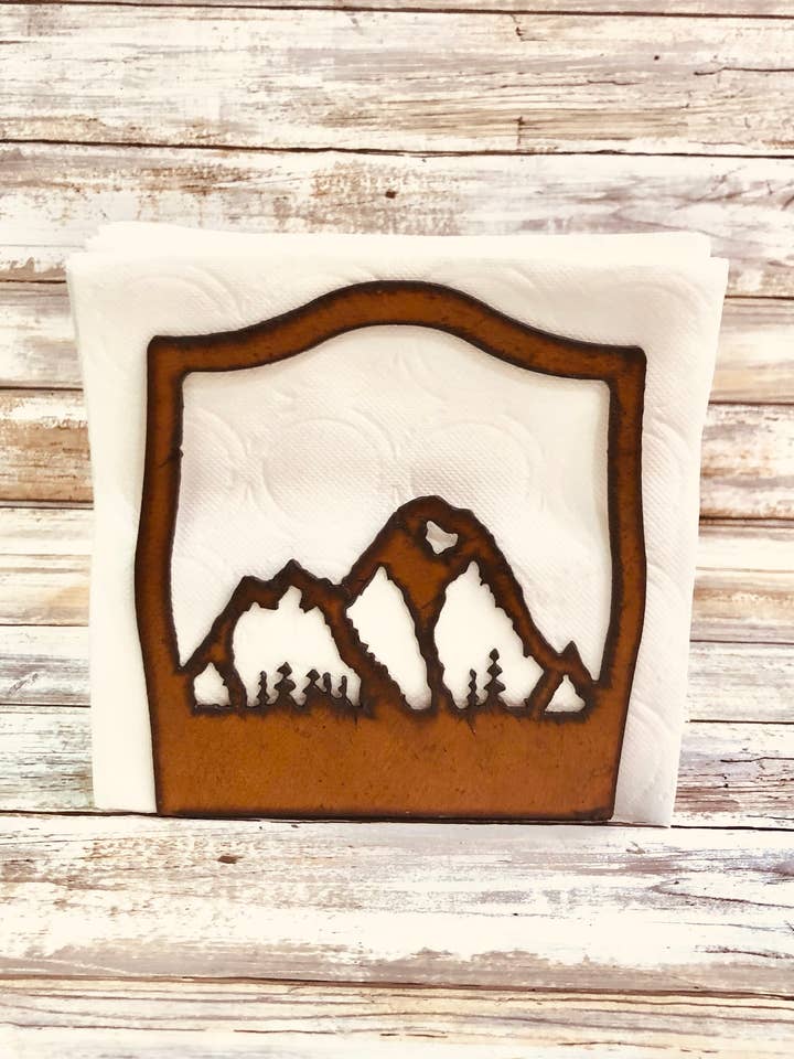 Mountain Scene Rustic Lodge Napkin Holder for wholesale by Universal Ironworks USA
