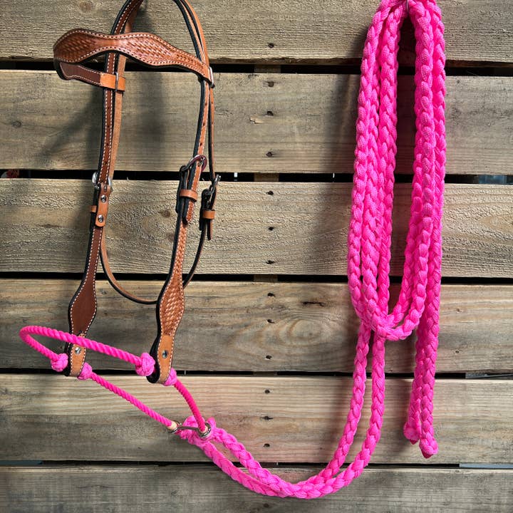 Rodeo Drive - Wholesale Horseback riding gear - Light Oil Basketweave Neon Pink Loping Hackamore #LHK011