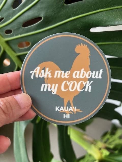 Pregúntame sobre mi gallo Pegatina / Gallo de Kauai Hawái para venta al por mayor de Island Stickers & More / Yuriko J. Design