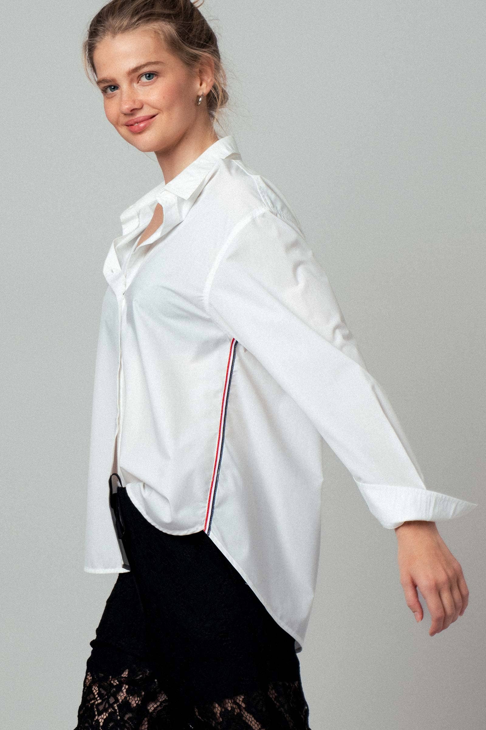 Urban Daizy - Wholesale Button Down Shirt - Women's - Striped Twill Tape Detail Statement Button Shirt5