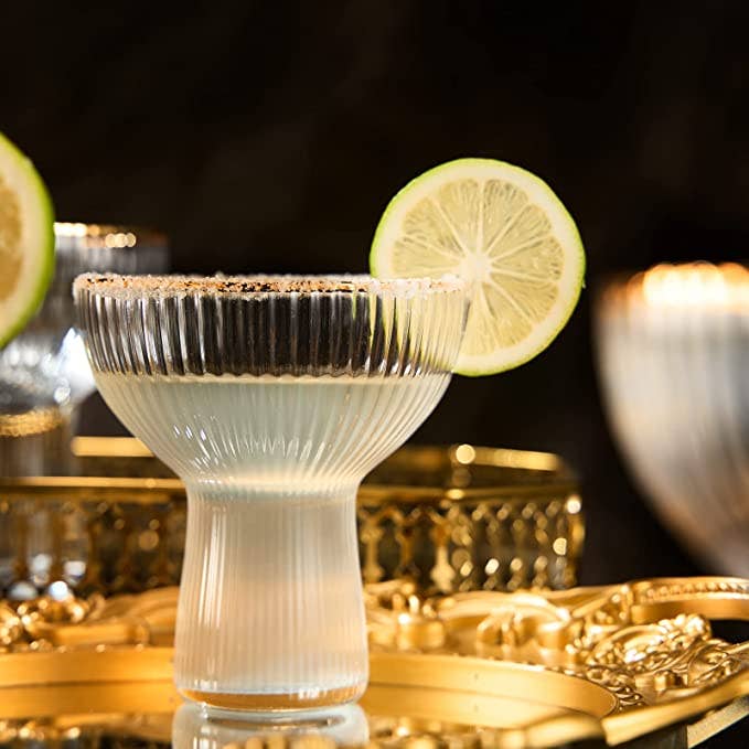 The Wine Savant / Khen Glassware - Wholesale Cocktail/Liquor Glass - Ribbed Stemless Margarita & Cocktail Gilded Glasses - 4 set