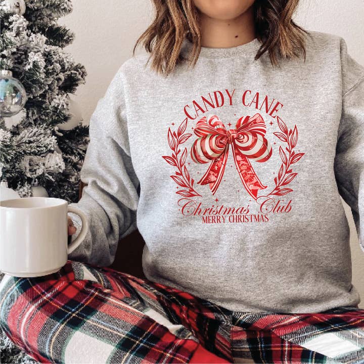 Over Print | Candy Cane Christmas Club Sweatshirts for wholesale by Clover + Cotton Co