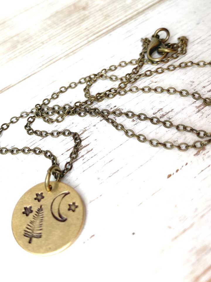 Forest Night Tree Star Moon Necklace Hand Stamped 18 inches for wholesale by Red Truck Designs
