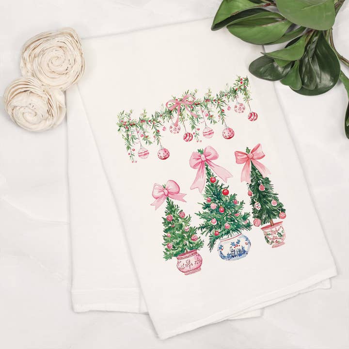 White Cotton Tea Towel-Blush & Baubles - Millennial Christmas for wholesale on Faire6