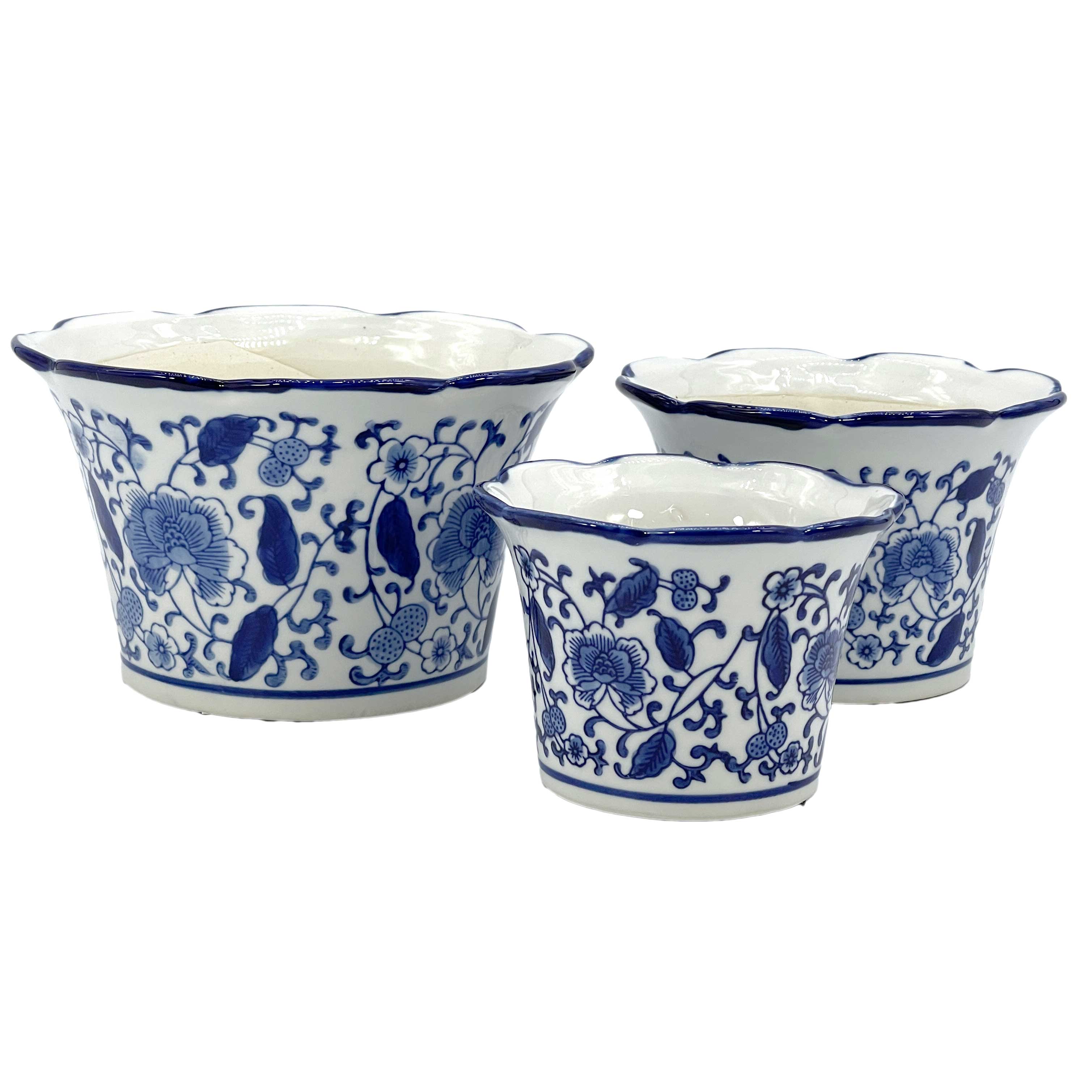 Galt International Company – wholesale Plant pot – Set of 3 Blue & White Floral Ceramic Pots Ruffled Lip Style24