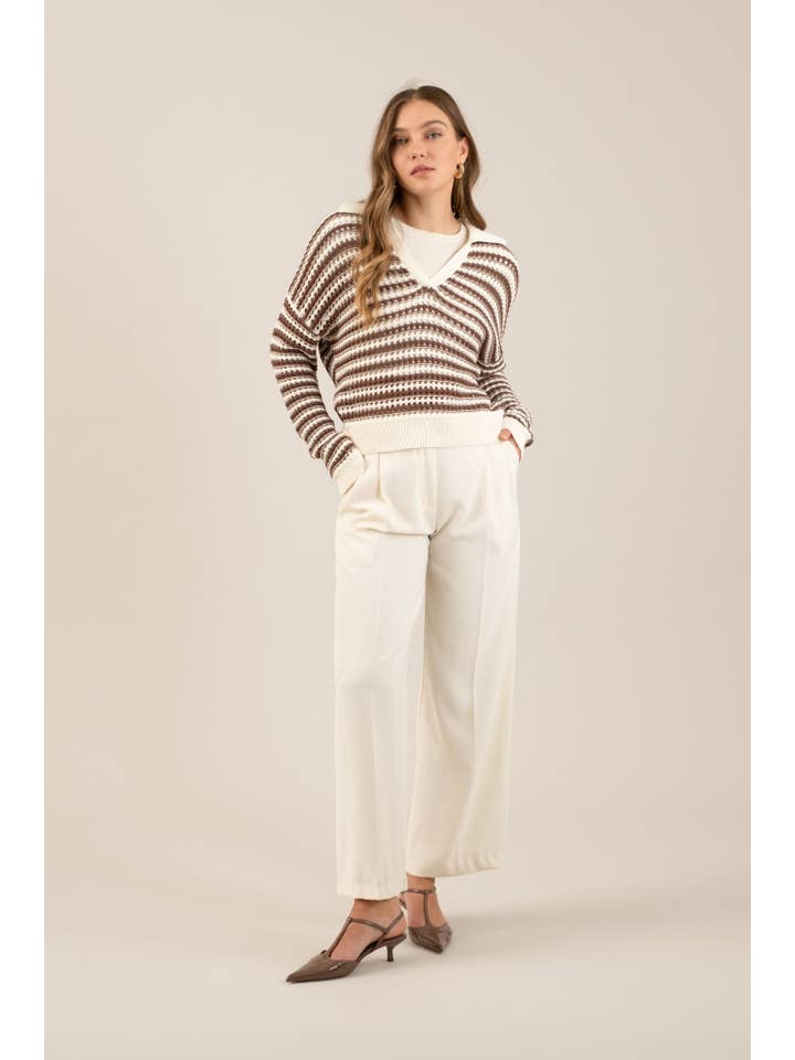 The Workshop Studio - Wholesale Knit Sweater - Women's - STRIPE COLLARED LONG SLEEVE CROCHET KNIT SWEATER