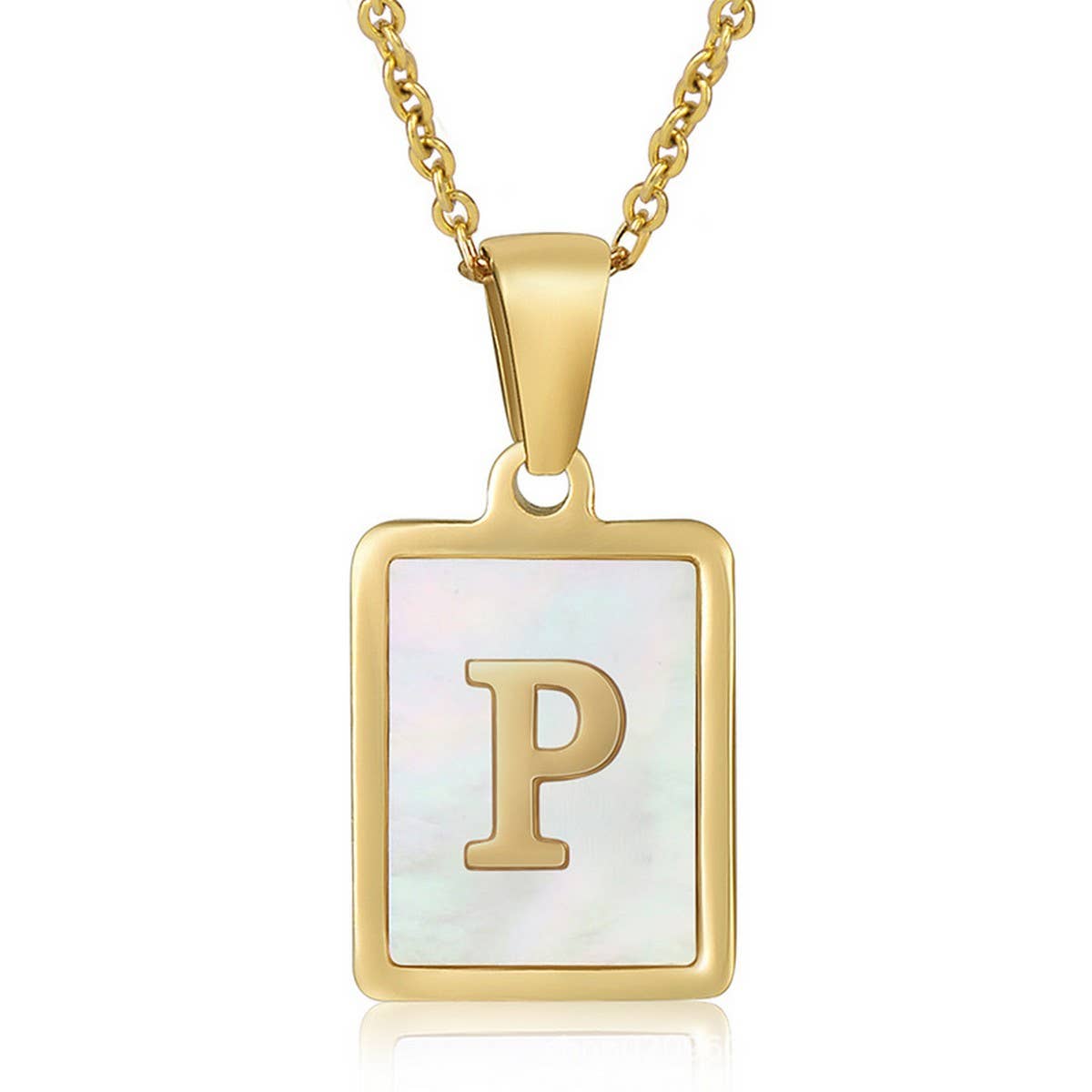 NINEXIS - Wholesale Pendant/Charm Necklace - CWAJE1917_Square Stainless Steel White Shell Letter Necklace16